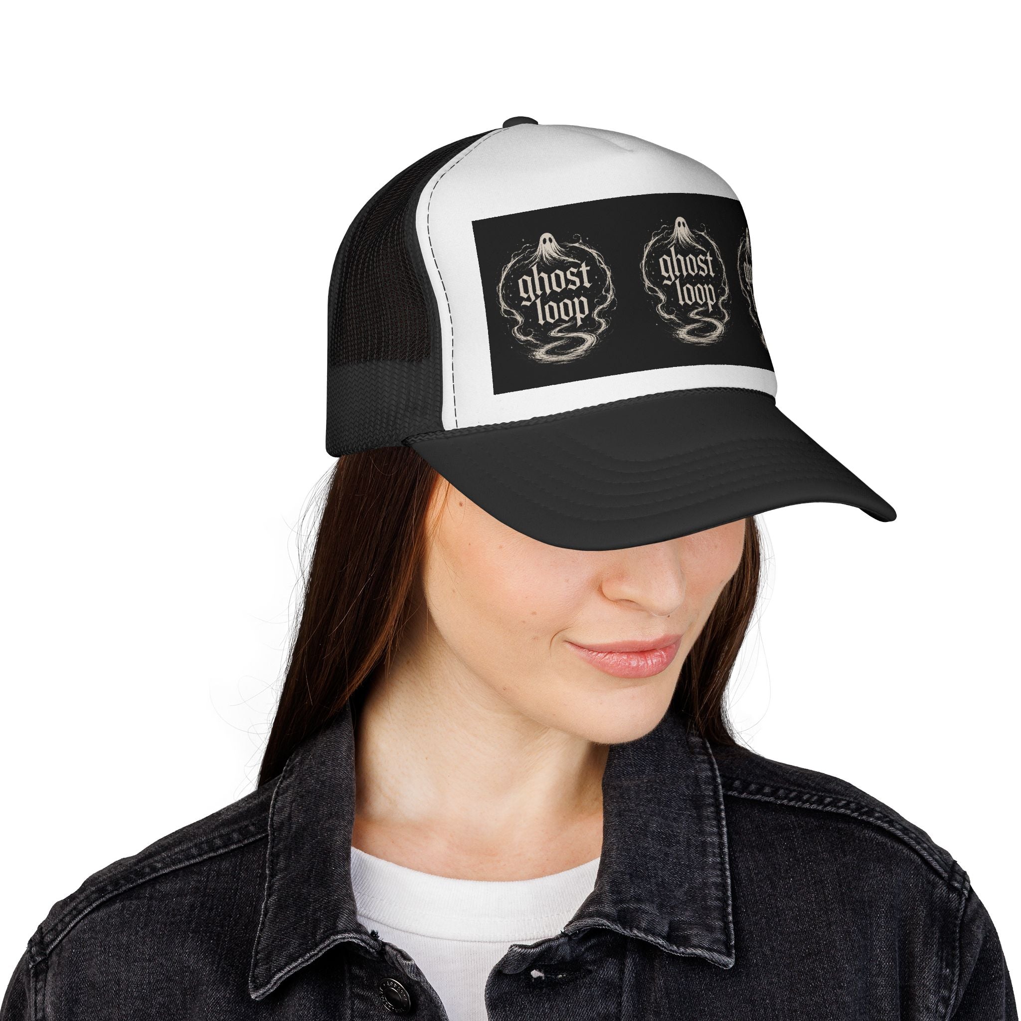 Trucker Cap — "Ghost Loop" Vintage Ghost Logo Mesh Hat