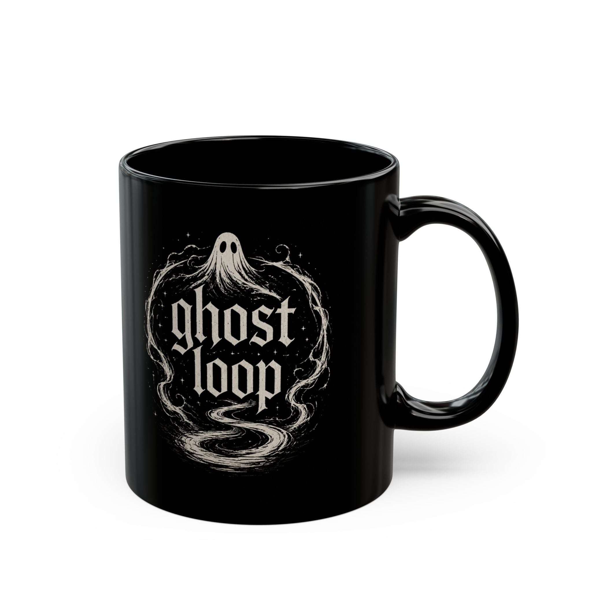 Ghost Loop Black Coffee Mug — Vintage Ghost Logo 11oz/15oz