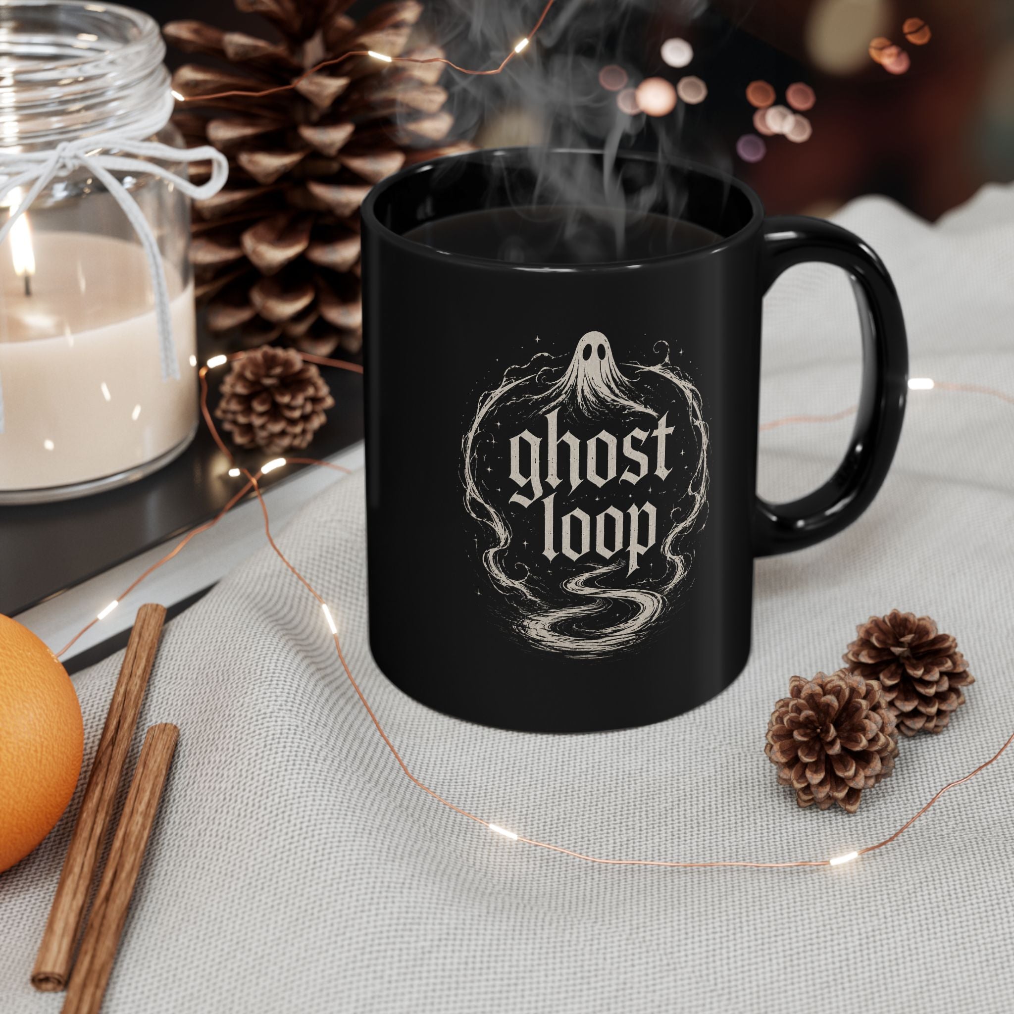Ghost Loop Black Coffee Mug — Vintage Ghost Logo 11oz/15oz